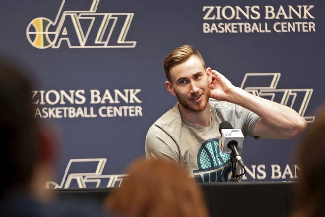 Gordon Hayward talks to the media during the Utah Jazz's end of season press conference on May 9 in Salt Lake City. Hayward signed with the Boston Celtics. [Kristin Murphy/The Deseret News via AP]