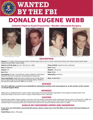 This FBI Wanted Poster shows Donald Eugene Webb, a Massachusetts man wanted for killing a Pennsylvania police chief in 1980. The FBI said the photos of Webb on this new wanted poster issued Thursday, June 15, 2017, were apparently taken on a cruise with his wife in July 1979, about a year before the death of Saxonburg Police Chief Greg Adams in December 1980. (FBI via AP)