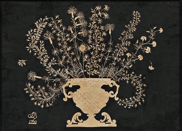 It took a skilled person to cut the tiny branches of flowers in this 18th-century picture. Only 12 by 16 inches, it sold for $2,460. [Cowles Syndicate]