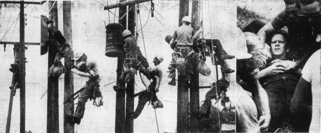 July 17, 1967: Rocco Morabito’s series of photos of Jacksonville Electric Department lineman J.D. Thompson resuscitating fellow lineman R. G. Champion after Champion received an electric shock. These photos ran on Page 13 inside the Jacksonville Journal on the same day. The second photo from left also ran on the front page of the same paper and was dubbed “The Kiss of Life.” Morabito later won the Pulitzer Prize for News Photography for that photo. (Jacksonville Journal)