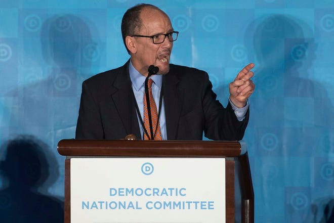 Tom Perez, Democratic National Party chairman, speaks in Atlanta in February. As Democrats look to reverse Republicans’ monopoly control in Washington and the GOP advantage in state capitals, the party is still looking for a crisp, simple message for voters. “We know that we can be an America that works for everyone, because we believe that our diversity is our greatest strength. ... And we believe that when we put hope on the ballot we do well, and when we allow others to put fear in the eyes of people we don’t do so hot,” said Perez.