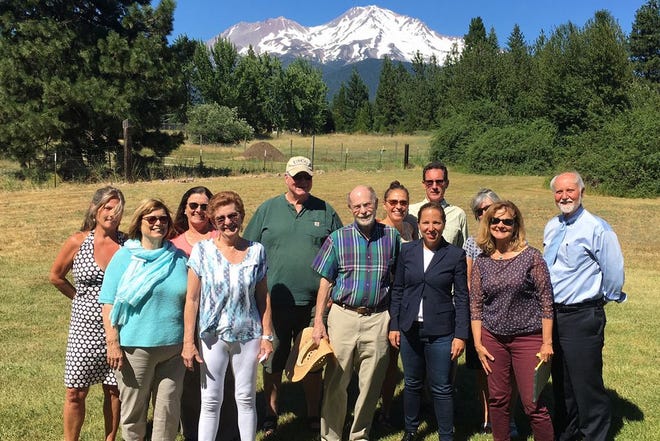 Lt. Governor candidate Eleni Kounalakis, front right of center in blue, during her Siskiyou County visit Thursday, July 13, 2017, at the home of Kevin and Alice Rogers. She was on Day 3 of a road trip that also included visits in Shasta, Modoc, Tehama, Glenn, Lassen, Plumas, Sierra and Nevada counties. Submitted