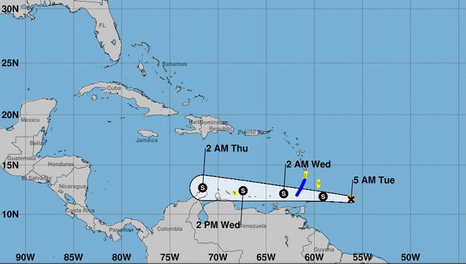 Tropical Storm Don had maximum sustained winds of 50 mph at 5 a.m. on Tuesday, July 18, 2017. (Associated Press)