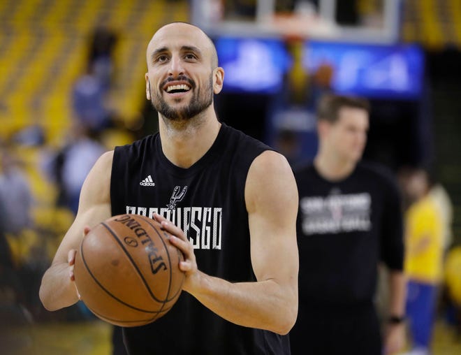 Manu Ginobili announced on Wednesday that he will play a 16th season with the San Antonio Spurs. The Argentine guard who turns 40 next week made the announcement with a brief message on his Twitter account. (AP Photo/Marcio Jose Sanchez)