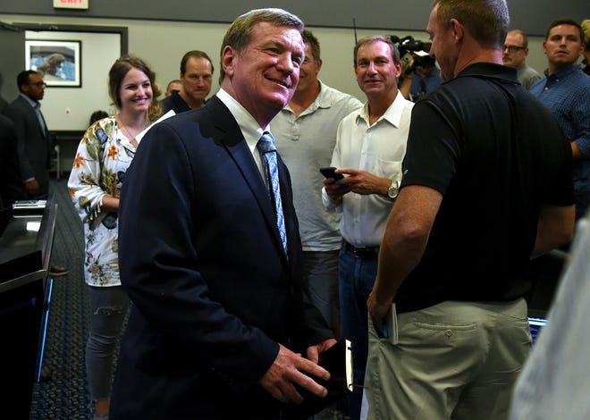 Marty Hurney speaks with members of the media after being introduced as the Carolina Panthers' general manager Wednesday. [Jeff Siner/Charlotte Observer/TNS]