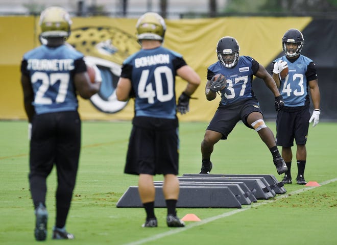 Teammates #27, Leonard Fournette, #40, Tommy Bohanon and #43, I’Tavius Mathers look on as #37, Marquez Williams runs through drills during Thursday’s OTA session. The Jacksonville Jaguars held their organized team activities at the practice fields near EverBank Field Thursday, June 8, 2017. (Bob Self/Florida Times-Union)