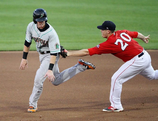 PawSox first baseman Steve Selsky tags out Norfolk's Chance Sisco after a run down in the 4th inning on Friday night.