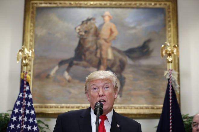President Donald Trump speaks in the Roosevelt Room of the White House, Thursday, July 20, 2017, in Washington. (AP Photo/Alex Brandon)