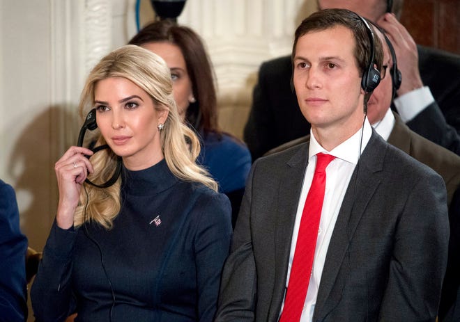 In this March file photo Ivanka Trump, the daughter of President Donald Trump, and her husband Jared Kushner, senior adviser to President Donald Trump, attend a joint news conference with the president and German Chancellor Angela Merkel in the East Room of the White House in Washington.