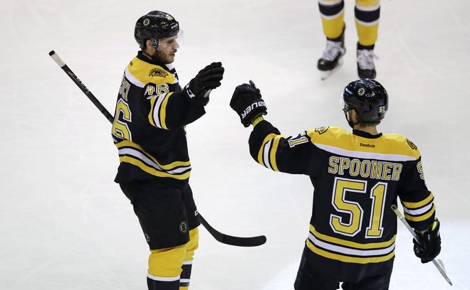 Bruins forward Ryan Spooner (right), shown congratulating teammate David Krejci after a goal in March, is seeking $3.85 million in the salary arbitration process. [AP Photo/Charles Krupa]