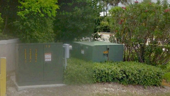 Here is a typical set-up of a transformer, right, and a switch cabinet, left, that would be installed on South End properties for the undergrounding project, according to Town of Palm Beach consultant Kimley-Horn & Associates. Courtesy of Kimley-Horn & Associates