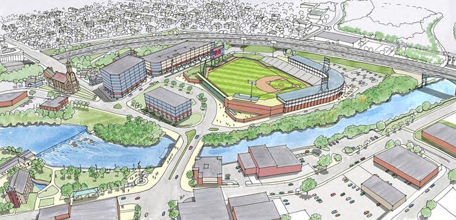 Rendering of the Apex site in Pawtucket with the proposed Pawtucket Red Sox stadium.