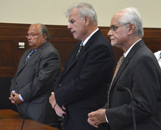 From left, Attorney George Leontire representing the estate of former NFL star Aaron Hernandez, Attorney William Kennedy representing the family of Safiro Furtado and Attorney Kenneth Kolpan representing the family of Daniel de Abreu, appear in court for a hearing in the wrongful death lawsuit filed against the estate of Hernandez on Tuesday, July 11, 2017, in Boston. [Chris Christo/The Boston Herald via AP, Pool]