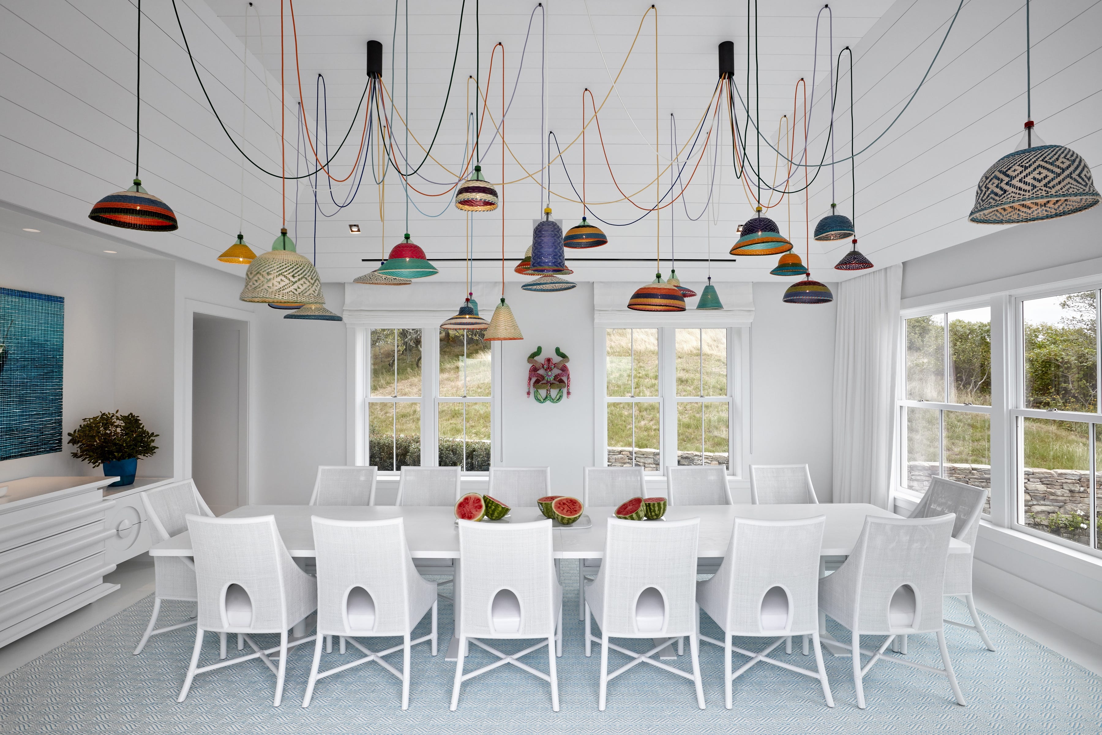 Statement lighting in the dining area