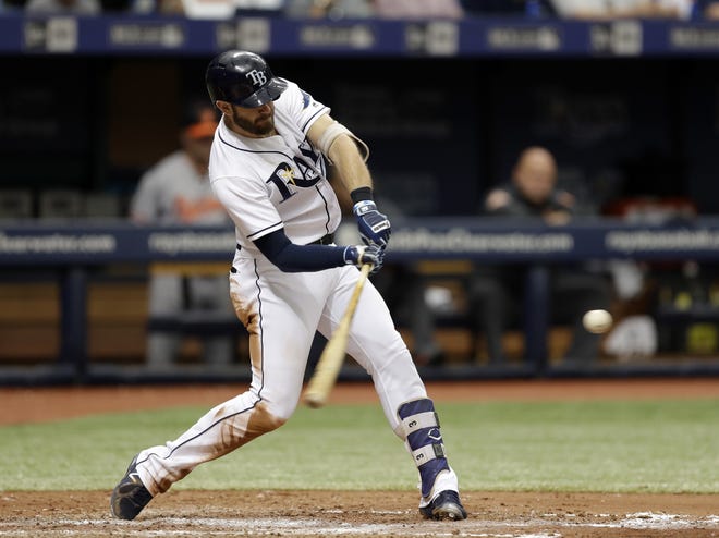 The Tampa Bay Rays' Evan Longoria connects for a two-run home run off Baltimore Orioles starting pitcher Ubaldo Jimenez during Wednesday's game at Tropicana Field in St. Petersburg. [THE ASSOCIATED PRESS / CHRIS O'MEARA]