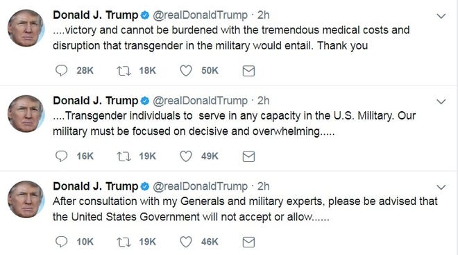 President Donald Trump put out these tweets Wednesday morning announcing trangender individuals were banned from the U.S. military. [DAILY NEWS]