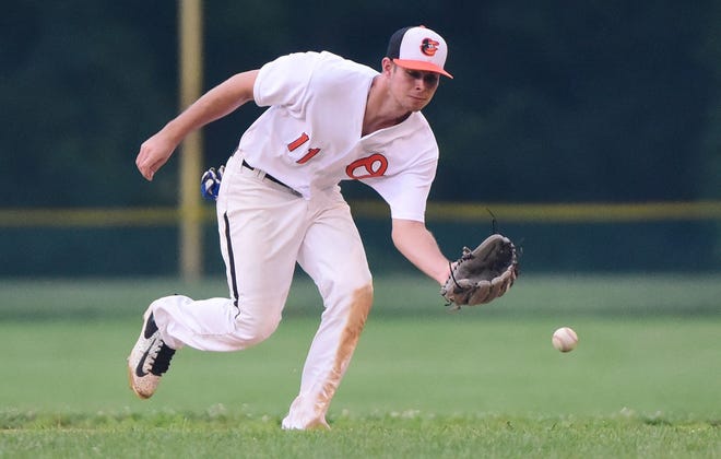 Northampton Orioles shortstop Noah Hartwell (11) runs down a ground ball Thursday, July 27, 2017 for the out against the Upper Moreland Rebels during a Pendel League playoff game at Masons Mill Park in Upper Moreland Township. The Orioles won the game 1-0.