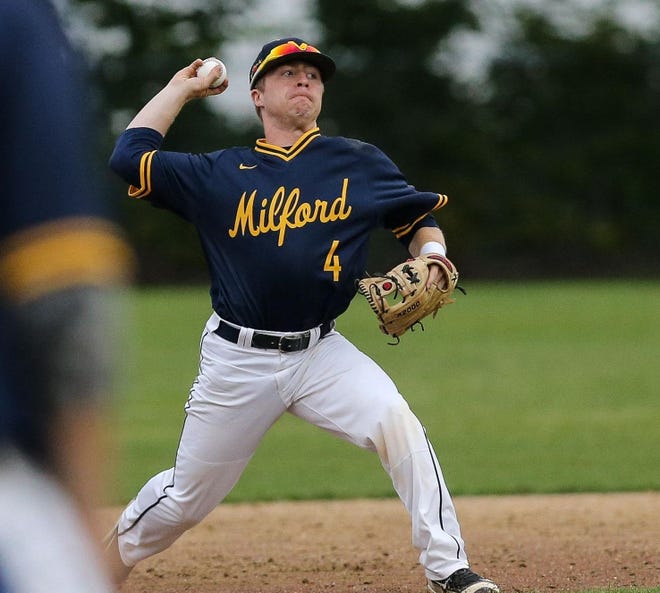 Milford’s Joe Sanchioni, shown trying to throw runner out at home plate during 5-4 loss to Shrewsbury on June 29, and his Post 59 teammates will face their Zone 4 rivals again in a Legion state semifinal at Fino Field on Friday in Milford. [Daily News and Wicked Local File Photo/Dan Holmes]
