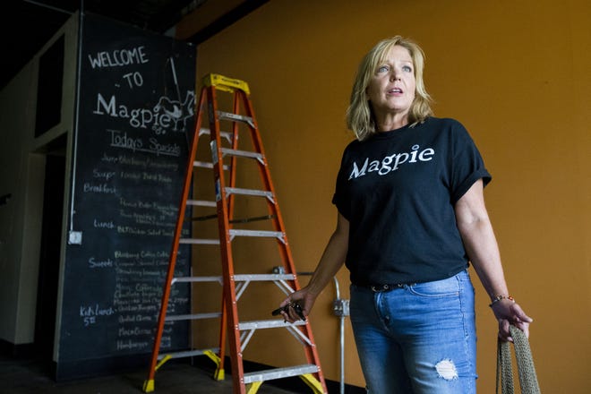 Magpie owner Stephanie Caltagerone talks Thursday, July 27, 2017, about the challenges she has faced at her restaurant since a fire gutted the former Hanley Furniture building last month in downtown Rockford. Caltagerone's restaurant shared a wall with the former Hanley Furniture building. [MAX GERSH/RRSTAR.COM STAFF]