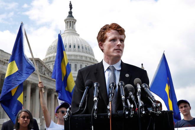 Rep. Joe Kennedy, D-Mass., speaks in support of transgender members of the military, Wednesday, July 26, 2017, on Capitol Hill in Washington, after President Donald Trump said he wants transgender people barred from serving in the U.S. military “in any capacity,” citing “tremendous medical costs and disruption.” (AP Photo/Jacquelyn Martin)