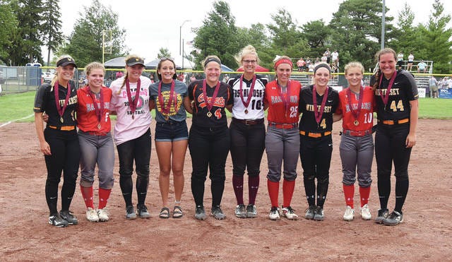 The 2017 state softball all-tournament selections in Class 4A were, left to right: Winterset’s Natalie Hansen, Ballard’s Isabell Hobbs, Winterset’s Macy Johnson, Carlisle’s Alyvia Dubois, Charles City’s Ciana Sonberg, Oskaloosa’s Alexis Groet, Ballard’s Skylar Rigby, Winterset’s Danny Barker, Ballard’s Rachel Newell and Winterset’s Sophie Stover (captain). Not pictured was Mount Pleasant’s Chi Glaha.