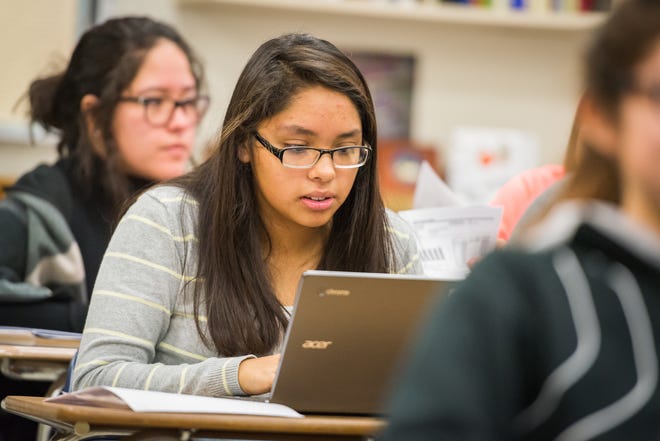 A student at Belvidere High School uses a Chromebook. [PHOTO PROVIDED]