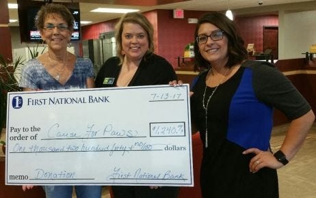 Pat Long, left, and Jamie Margheim, center, both Cause For Paws board members, accept a check from Ashley Clifford, right, a representative and employee of First National Bank. Each month, First National Bank and its employees accumulate monetary contributions internally to donate toward charitable organizations in the community. The donation for $1,240 to Cause for Paws was made possible through contributions from employees and a match made by The First. [Courtesy of Kris Doswell]