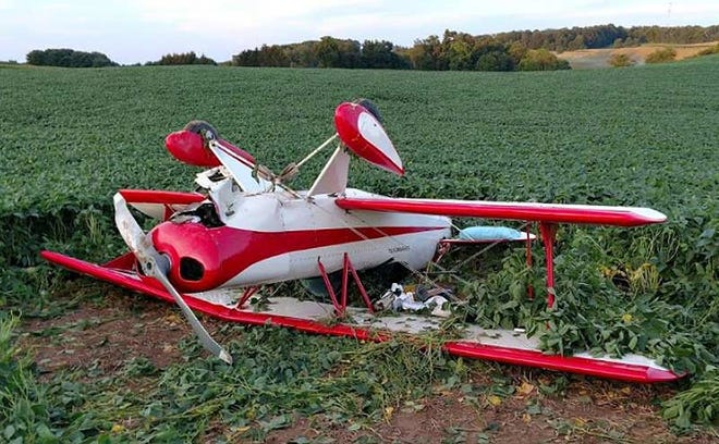 The two-seat, experimental plane crashed in a bean field near Loudonville on Sunday evening. [Photo submitted to the Ashland Times-Gazette]
