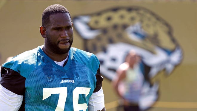 Jaguars offensive lineman Branden Albert (76) announced his retirement after nine NFL seasons on Monday. He did not play a game with the Jaguars. (Associated Press)