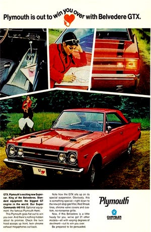 Perhaps one of the most famous muscle cars of 1967 was Plymouth’s “out to win you over” new Belvedere GTX, a mid-size car powered by either a 440 wedge or optional 426 Hemi. Author Greg Zyla owned a '67 GTX, and he tells you that story in the special 1967 GTX column. [Ad compliments of former Plymouth division of Fiat/Chrysler]