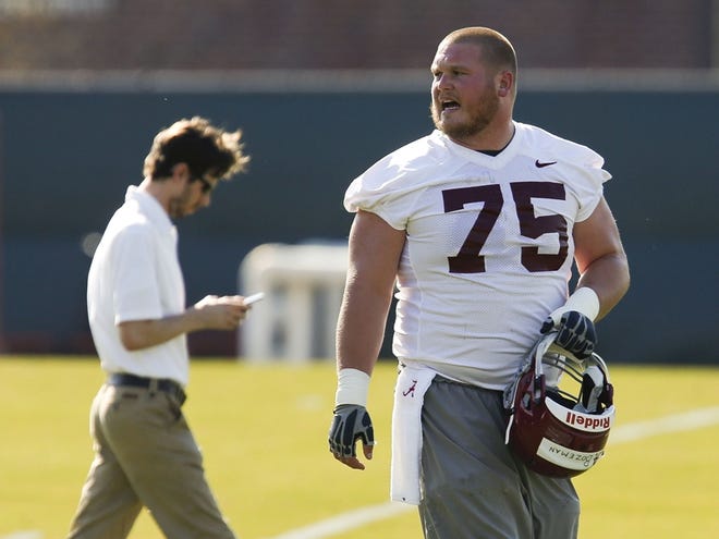 Offensive lineman Bradley Bozeman yells to teammates during the opening day of Spring practice at the University of Alabama Tuesday, March 21, 2017. [Staff Photo/Gary Cosby Jr.]