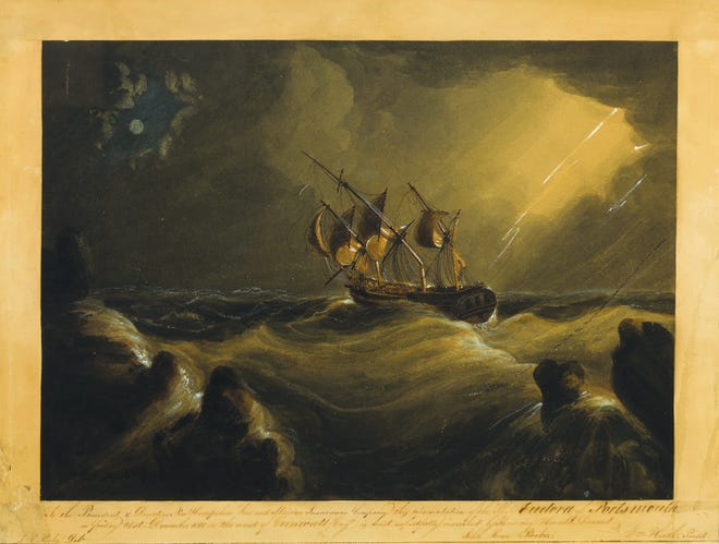 In "Shipwreck, Eudora, Night View," artist William Heath depicts the moment just before the Portsmouth-owned Eudora's three masts came crashing down in a gale off the coast of Cornwall in 1810. [Photo by David J. Murray/ClearEyePhoto.com]