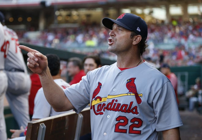 St. Louis Cardinals manager Mike Matheny (22) questions whether a ball off the bat of Greg Garcia was a home run during the third inning of a baseball game against the Cincinnati Reds, Friday, Aug. 4, 2017, in Cincinnati. Garcia was given a triple. (AP Photo/Gary Landers)