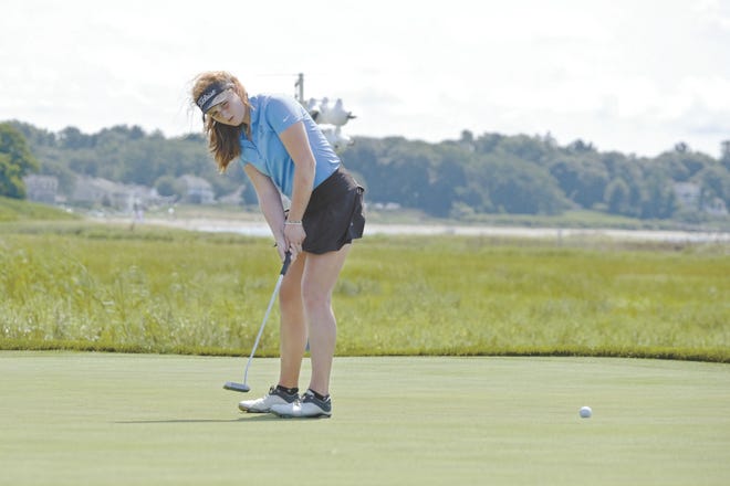 Addy Douglas of Newport putts on the 17th green at Rhode Island Country Club in Barrington on Friday during the final of the women’s state amateur championship. Douglas, 16, became the youngest player to win the event when she beat Kibbe Reilly 1 up.