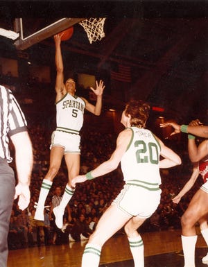 Kevin Smith, No. 5, during his playing days with the Michigan State University Spartans basketball team in the early 1980s. [Michigan State University Athletic Communications/Special to The Gazette]