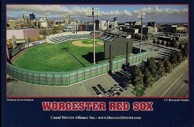 An image of a baseball stadium on the former Wyman-Gordon property in Worcester, created by Canal District Alliance as part of a postcard campaign to woo the PawSox to Worcester.