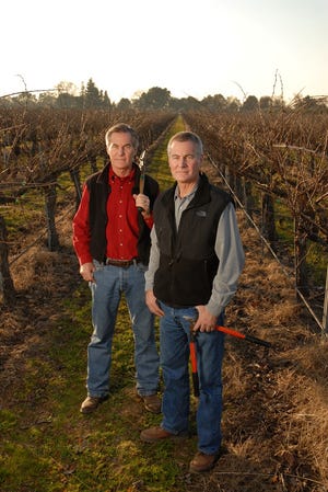 Brad, left, and Randy Lange, twin brothers and owners of LangeTwins Winery and Vineyards in Acampo, recently received the 2017 Grower of the Year award from the California Association of Winegrape Growers. [COURTESY]