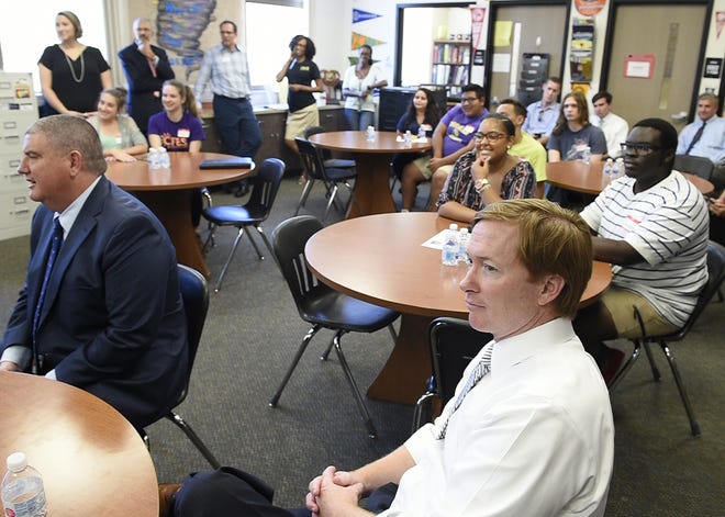 Adam Putnam, on right, visited Booker High School in Sarasota on Tuesday, August 8, 2017. [Herald-Tribune staff photo / Thomas Bender]