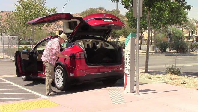 Two charging stations are now available near Apple Valley Town Hall to provide juice to the growing number of electric vehicles in the High Desert. [Photo courtesy of the Town of Apple Valley]