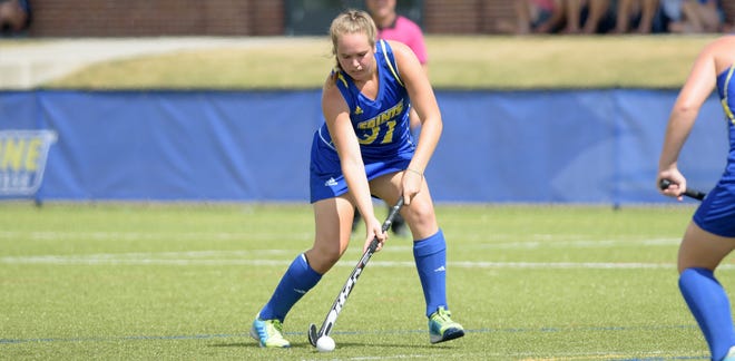 Madison Hill gets ready for a pass for her Limestone College team, which is based in Gaffney, S.C. [Courtesy Photo / Limestone Athletics]