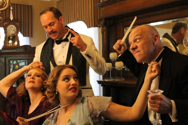 Oklahoma Shakespeare in the Park's production of Noel Coward's 1930 comedy "Private Lives" stars, from left, Renee Krapff as Amanda, Greg White as Elyot, Claudia Fain as Sibyl and David Fletcher-Hall as Victor. [Photo by April Porterfield]