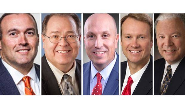 A special meeting of the Topeka City Council has been scheduled for Friday to discuss contraction negotiations to hire a new city manager. The five finalists for the vacant city manager’s position are, from left, Jeffrey Dingman, David Hales, Doug Gerber, Jason Gage and Brent Trout. (Topeka Capital-Journal archives)