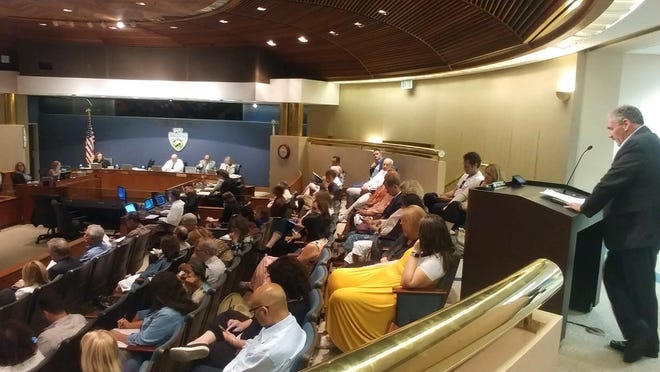 Tim Mason with the Large-scale Solar Association was one of 59 people who signed up to speak during public comment on the Renewable Energy and Conservation Element at the San Bernardino County Board of Supervisors meeting Tuesday. [Charity Lindsey, Daily Press]