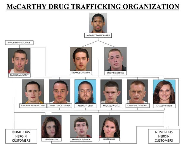 Bucks County authorities released what they say is an organizational chart of an alleged heroin-trafficking operation in the Quakertown area. The authorities named the organization after Sheamus Patrick McCarthy, 27, and his brother Casey James McCarthy, 22, both originally from Richland.