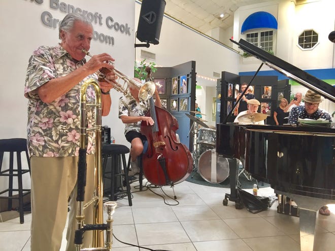 Joe Bruno performs at his 90th birthday party/concert at the Senior Friendship Center, where he leads a jazz band performance each week. [Nancy Pasternack photo]
