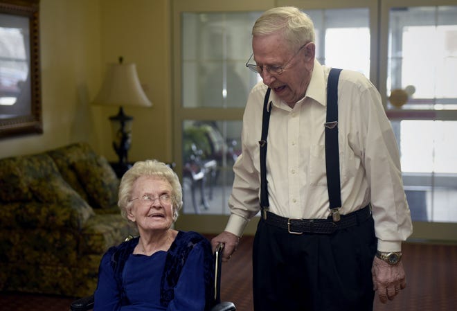 Velva and Raymond Breuer celebrated 77 years of marriage on Jan. 27 at Boone Landing. Raymond died on Aug. 4 and Velva died 30 hours later. The couple was buried Friday holding hands in the same casket. [Tribune file photo]