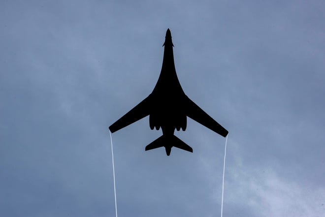 In this July 21, 2017, file photo provided by the U.S. Air Force, a B1-B Lancer bomber assigned to the 9th Expeditionary Bomb Squadron flies over the 73rd Guam Liberation Day parade, at Andersen Air Force Base in Hagata, Guam. Tensions between the United States and North Korea tend to flare up suddenly and then fade away almost as quickly, but the latest escalation won’t likely go away quite so easily. (Airman 1st Class Christopher Quail/U.S. Air Force via AP, File)
