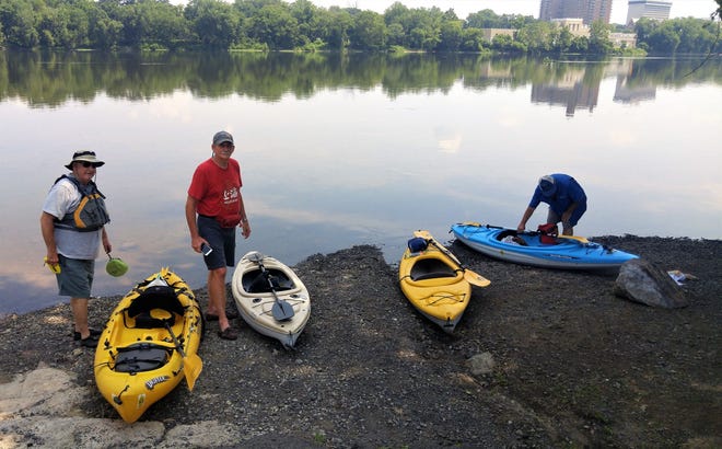 Kayaks lined up to set off on a 10-mile excursion through the Falls of the Delaware to Pennsbury Manor.
