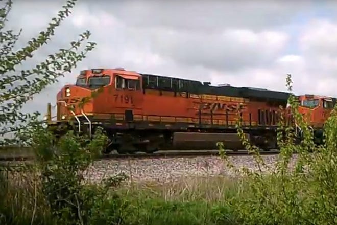 A YouTube image of a BNSF Railway train headed west near Edelstein in northern Peoria County. A similar train apparently struck an appliance someone had placed on the tracks Sunday night.