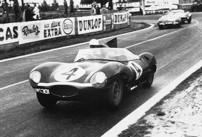 Jaguar’s C, D and E-Type roadsters were some of the world’s most popular Jaguar roadsters, and won Lemans five times with the C and D-Types. Shown here is the 1956 24 Hours of Lemans winner driven by Ninian Sanderson and Ron Flockhart. [Jaguar]